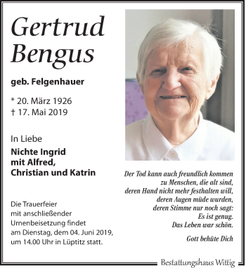 Traueranzeige von Gertrud Bengus von Leipziger Volkszeitung