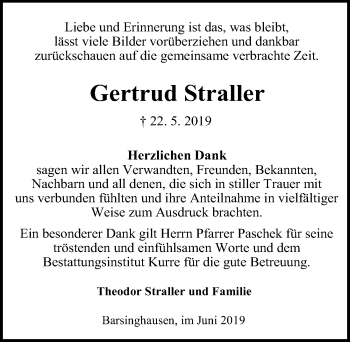 Traueranzeige von Gertrud Straller von Hannoversche Allgemeine Zeitung/Neue Presse