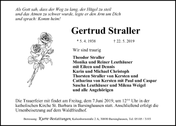 Traueranzeige von Gertrud Straller von Hannoversche Allgemeine Zeitung/Neue Presse