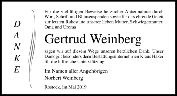 Traueranzeige von Gertrud Weinberg von Ostsee-Zeitung GmbH