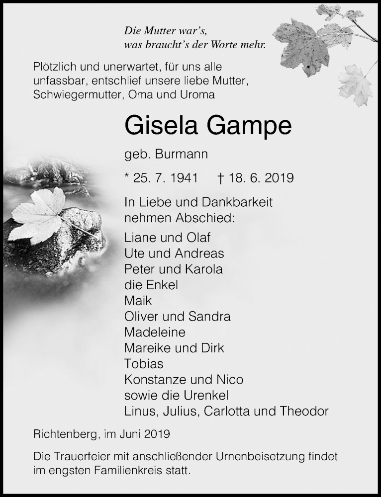  Traueranzeige für Gisela Gampe vom 22.06.2019 aus Ostsee-Zeitung GmbH