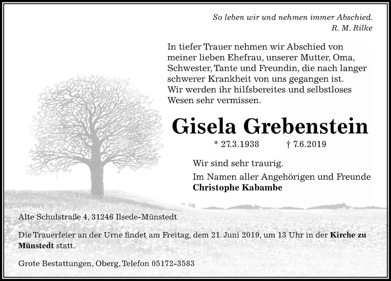 Traueranzeige für Gisela Grebenstein vom 14.06.2019 aus Peiner Allgemeine Zeitung