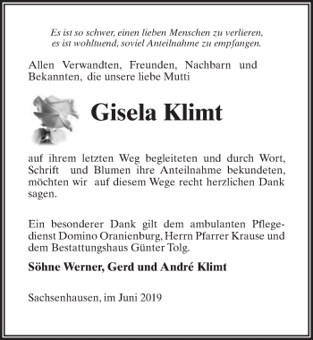 Traueranzeige von Gisela Klimt von Märkischen Allgemeine Zeitung