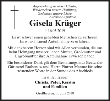 Traueranzeige von Gisela Krüger von Märkischen Allgemeine Zeitung