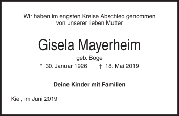 Traueranzeige von Gisela Mayerheim von Kieler Nachrichten
