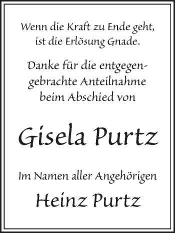 Traueranzeige von Gisela Purtz von Kieler Nachrichten