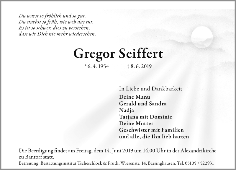  Traueranzeige für Gregor Seiffert vom 12.06.2019 aus Hannoversche Allgemeine Zeitung/Neue Presse