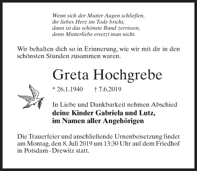  Traueranzeige für Greta Hochgrebe vom 15.06.2019 aus Märkischen Allgemeine Zeitung