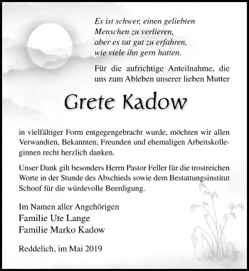 Traueranzeige von Grete Kadow von Ostsee-Zeitung GmbH