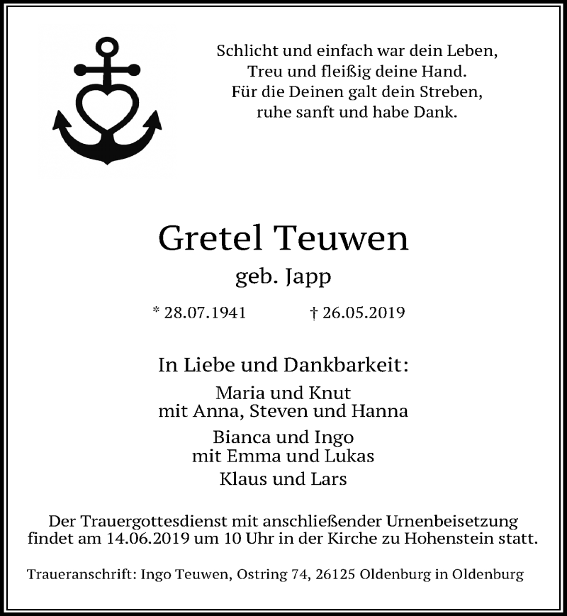  Traueranzeige für Gretel Teuwen vom 08.06.2019 aus Lübecker Nachrichten