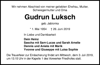 Traueranzeige von Gudrun Luksch von Lübecker Nachrichten