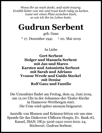Traueranzeige von Gudrun Serbent von Hannoversche Allgemeine Zeitung/Neue Presse