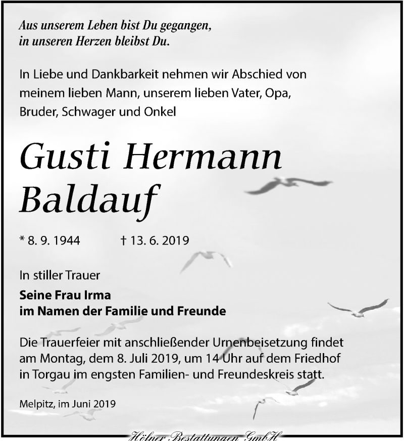  Traueranzeige für Gusti Hermann Baldauf vom 22.06.2019 aus Torgauer Zeitung