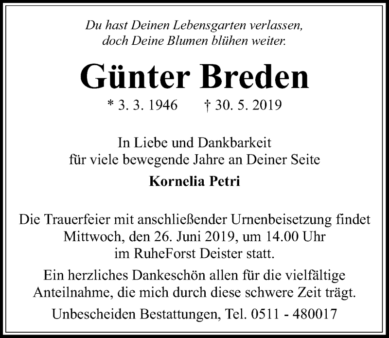  Traueranzeige für Günter Breden vom 22.06.2019 aus Hannoversche Allgemeine Zeitung/Neue Presse