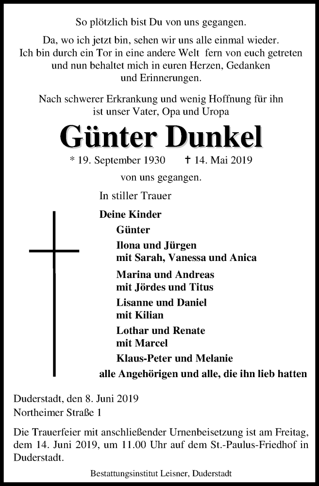  Traueranzeige für Günter Dunkel vom 08.06.2019 aus Eichsfelder Tageblatt