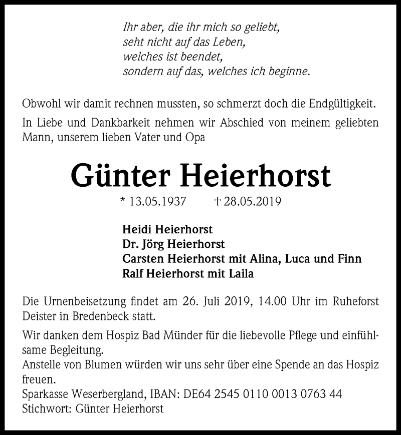  Traueranzeige für Günter Heierhorst vom 08.06.2019 aus Hannoversche Allgemeine Zeitung/Neue Presse