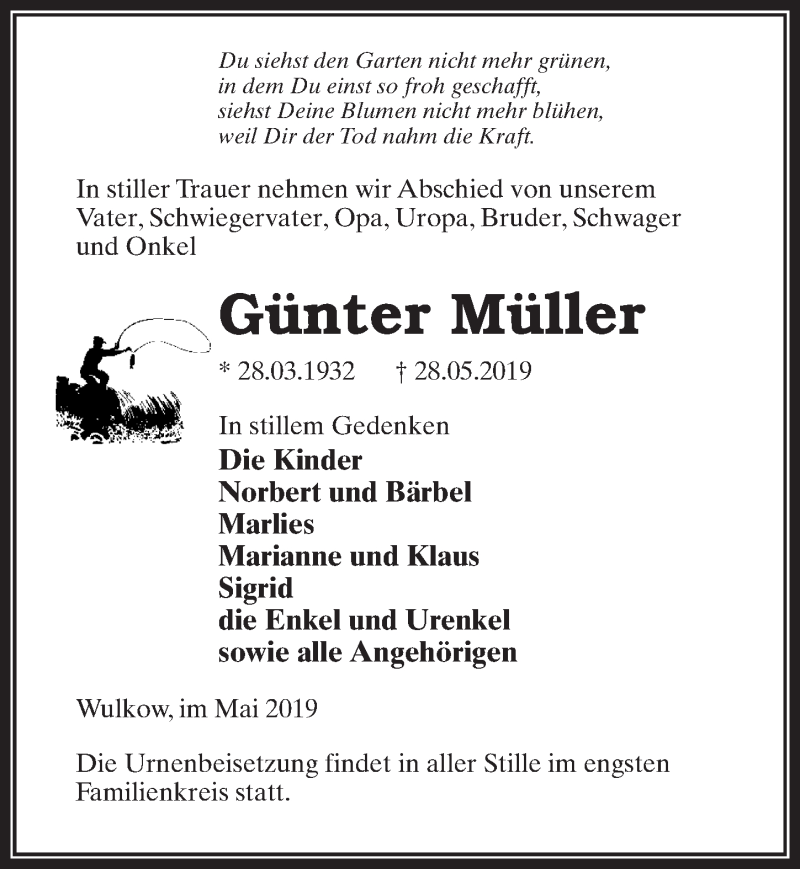  Traueranzeige für Günter Müller vom 04.06.2019 aus Märkischen Allgemeine Zeitung