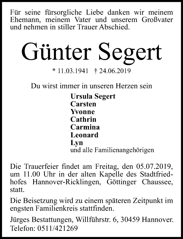  Traueranzeige für Günter Segert vom 29.06.2019 aus Hannoversche Allgemeine Zeitung/Neue Presse