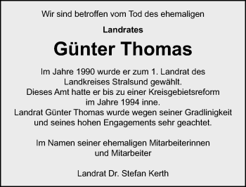 Traueranzeige von Günter Thomas von Ostsee-Zeitung GmbH