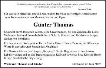 Traueranzeige von Günter Thomas von Ostsee-Zeitung GmbH