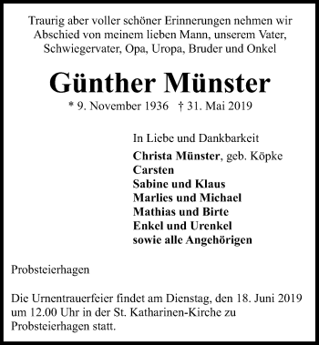 Traueranzeige von Günther Münster von Kieler Nachrichten