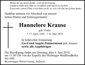 Traueranzeige von Hannelore Krause von Hannoversche Allgemeine Zeitung/Neue Presse
