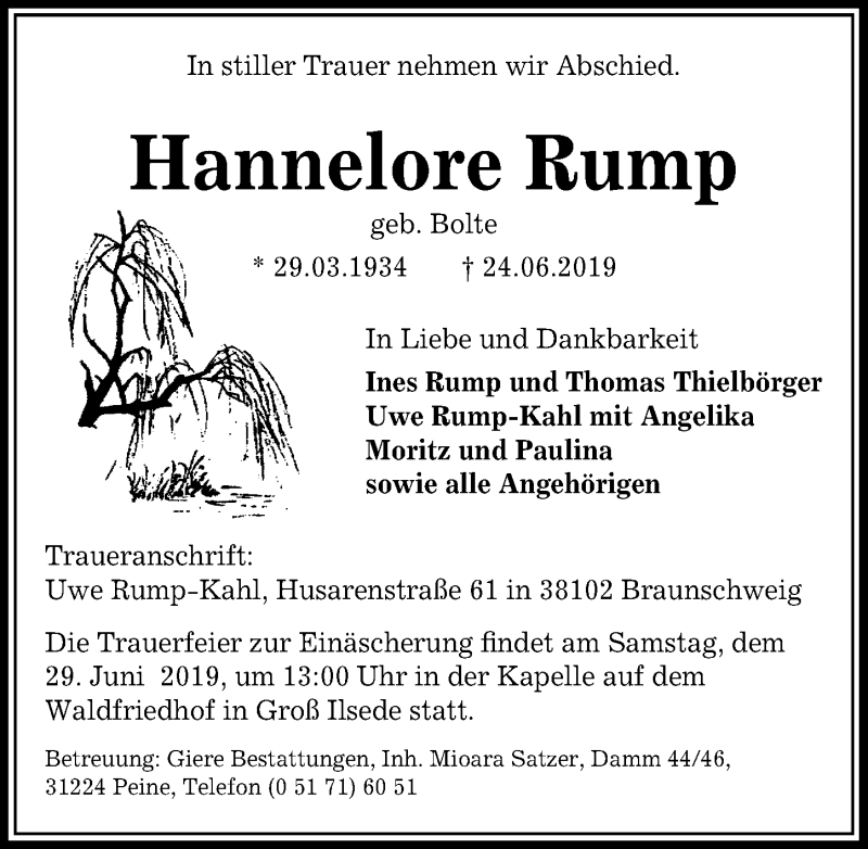  Traueranzeige für Hannelore Rump vom 27.06.2019 aus Peiner Allgemeine Zeitung