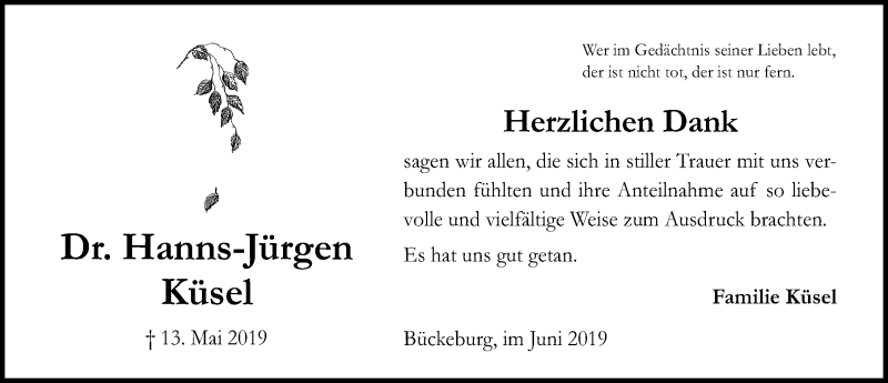  Traueranzeige für Hanns-Jürgen Küsel vom 01.06.2019 aus Schaumburger Nachrichten