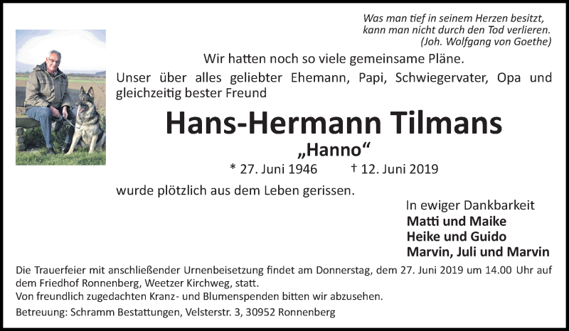  Traueranzeige für Hans-Hermann Tilmans vom 22.06.2019 aus Hannoversche Allgemeine Zeitung/Neue Presse