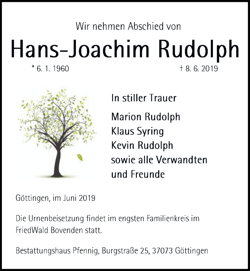  Traueranzeige für Hans-Joachim Rudolph vom 15.06.2019 aus Göttinger Tageblatt