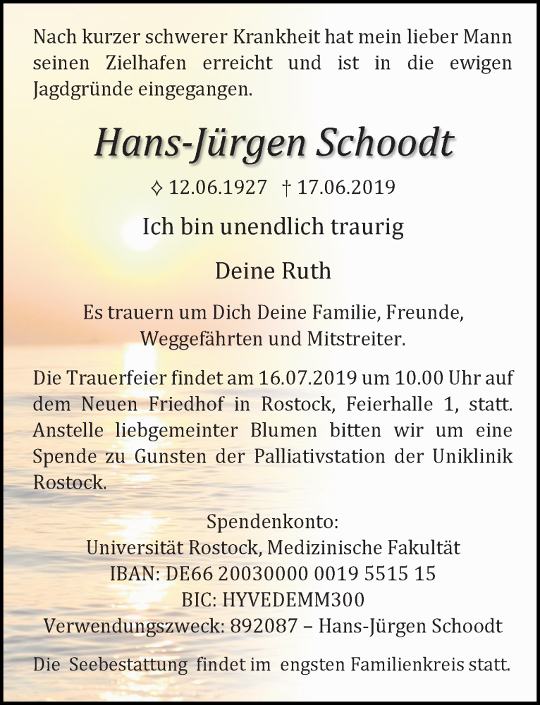  Traueranzeige für Hans-Jürgen Schoodt vom 22.06.2019 aus Ostsee-Zeitung GmbH