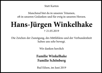 Traueranzeige von Hans-Jürgen Winkelhake von Schaumburger Nachrichten
