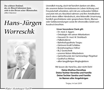 Traueranzeige von Hans-Jürgen Worreschk von Torgauer Zeitung