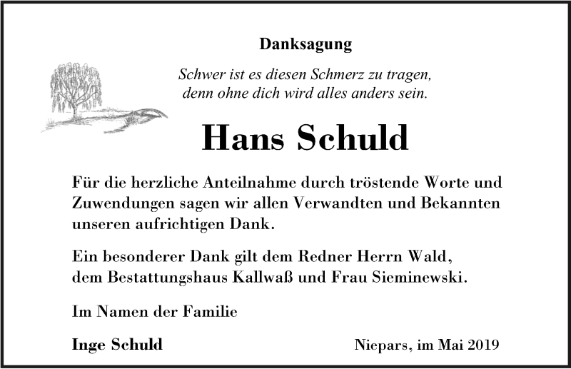  Traueranzeige für Hans Schuld vom 08.06.2019 aus Ostsee-Zeitung GmbH