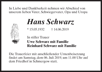 Traueranzeige von Hans Schwarz von Märkischen Allgemeine Zeitung