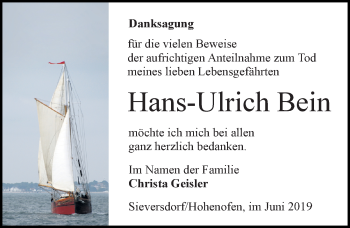 Traueranzeige von Hans-Ulrich Bein von Märkischen Allgemeine Zeitung