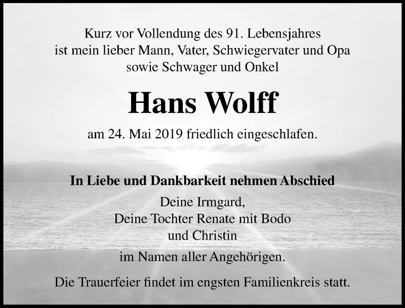  Traueranzeige für Hans Wolff vom 01.06.2019 aus Ostsee-Zeitung GmbH
