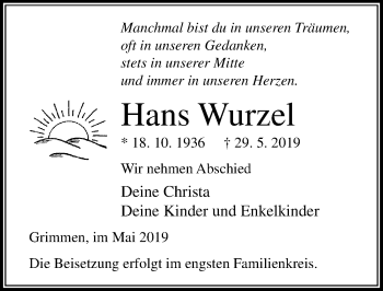 Traueranzeige von Hans Wurzel von Ostsee-Zeitung GmbH