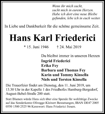 Traueranzeige von Hans Karl Friederici von Lübecker Nachrichten