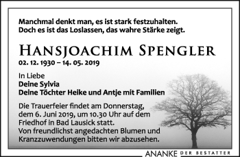 Traueranzeige von Hansjoachim Spengler von Leipziger Volkszeitung