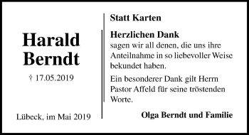 Traueranzeige von Harald Berndt von Lübecker Nachrichten