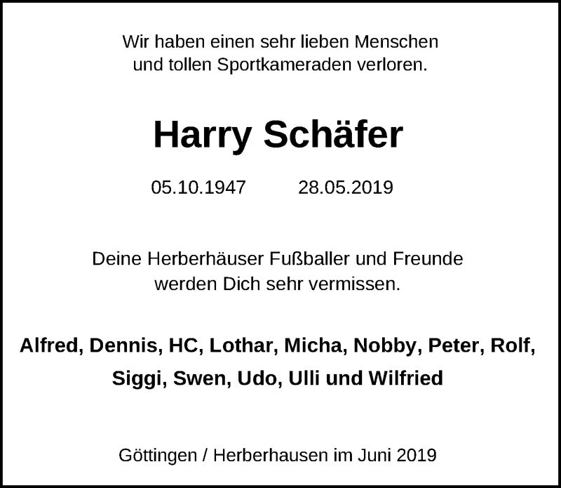  Traueranzeige für Harry Schäfer vom 08.06.2019 aus Göttinger Tageblatt