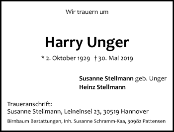Traueranzeige von Harry Unger von Hannoversche Allgemeine Zeitung/Neue Presse