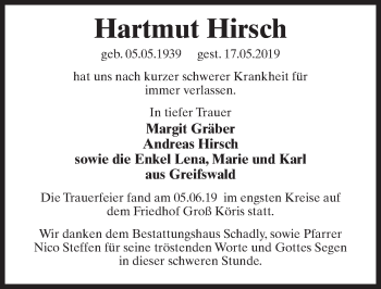 Traueranzeige von Hartmut Hirsch von Märkischen Allgemeine Zeitung