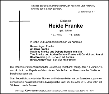 Traueranzeige von Heide Franke von Hannoversche Allgemeine Zeitung/Neue Presse