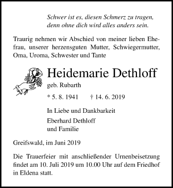 Traueranzeige von Heidemarie Dethloff von Ostsee-Zeitung GmbH