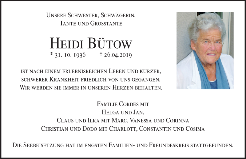  Traueranzeige für Heidi Bütow vom 16.06.2019 aus Lübecker Nachrichten