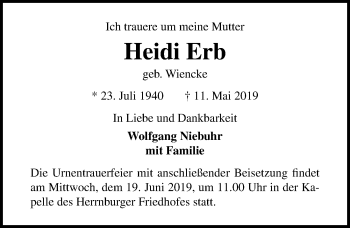Traueranzeige von Heidi Erb von Lübecker Nachrichten