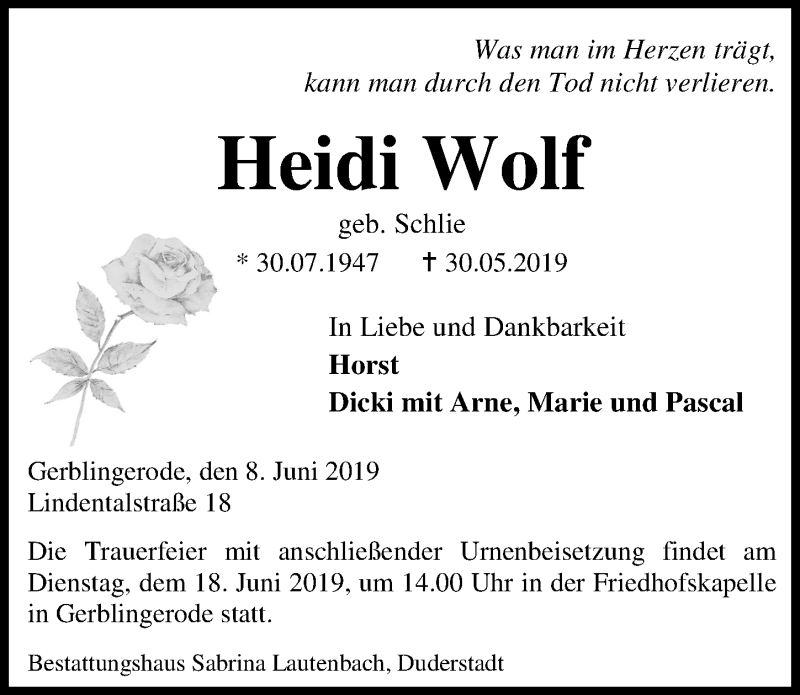  Traueranzeige für Heidi Wolf vom 08.06.2019 aus Göttinger Tageblatt