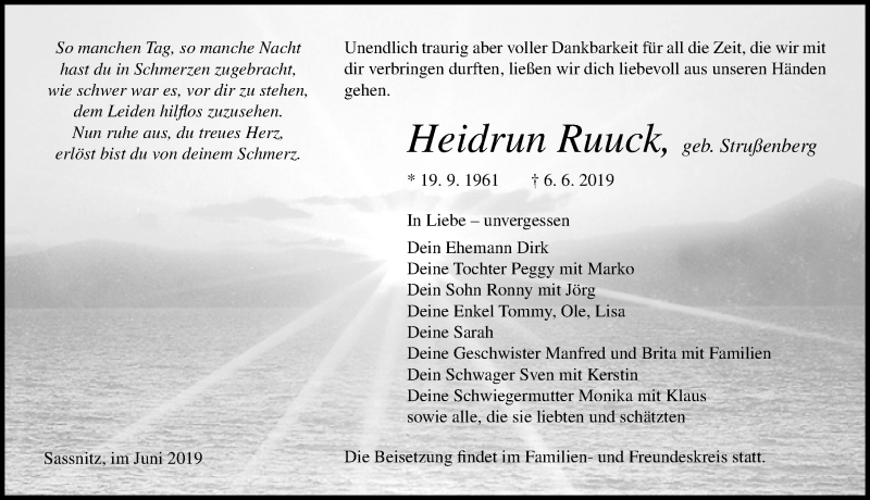  Traueranzeige für Heidrun Ruuck vom 15.06.2019 aus Ostsee-Zeitung GmbH